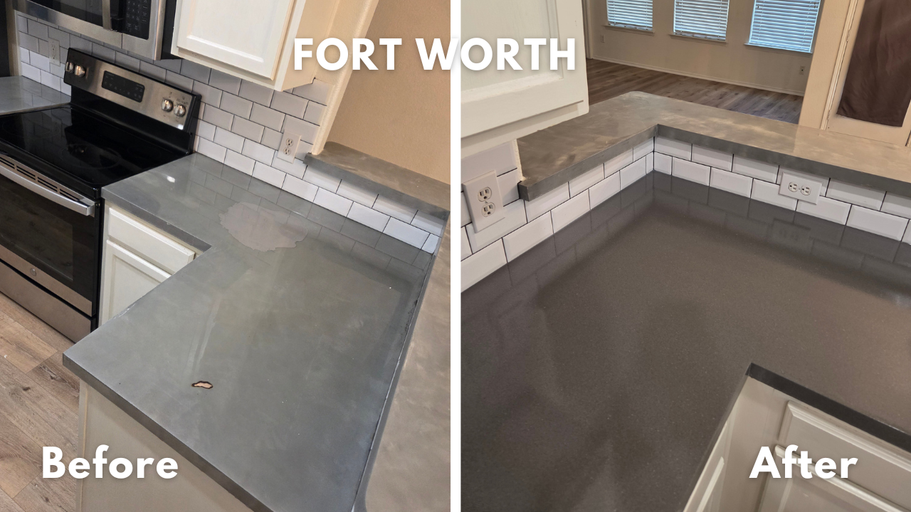 Laminate countertop with burn marks repaired and refinished in a concrete look coating that is FDA approved for incidental food contact in Fort Worth, Texas