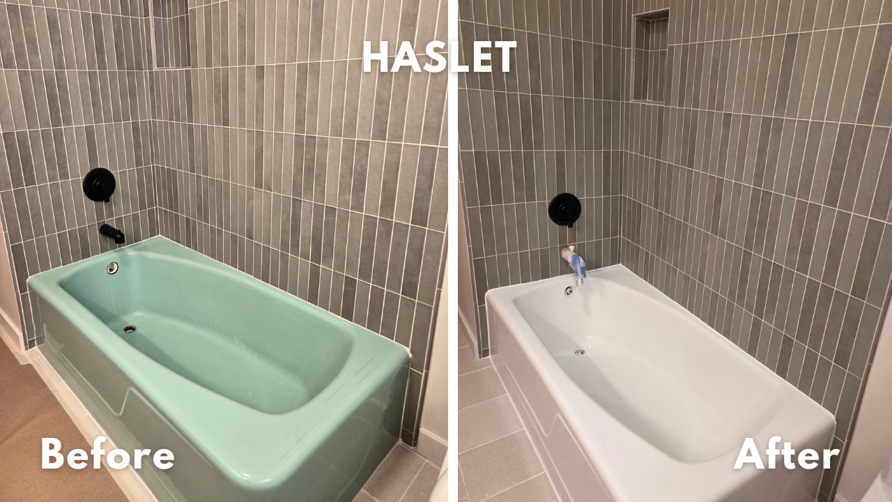 Vintage ming green rounded edge alcove soaking tub refinished in high gloss white glaze in Haslet, Texas 