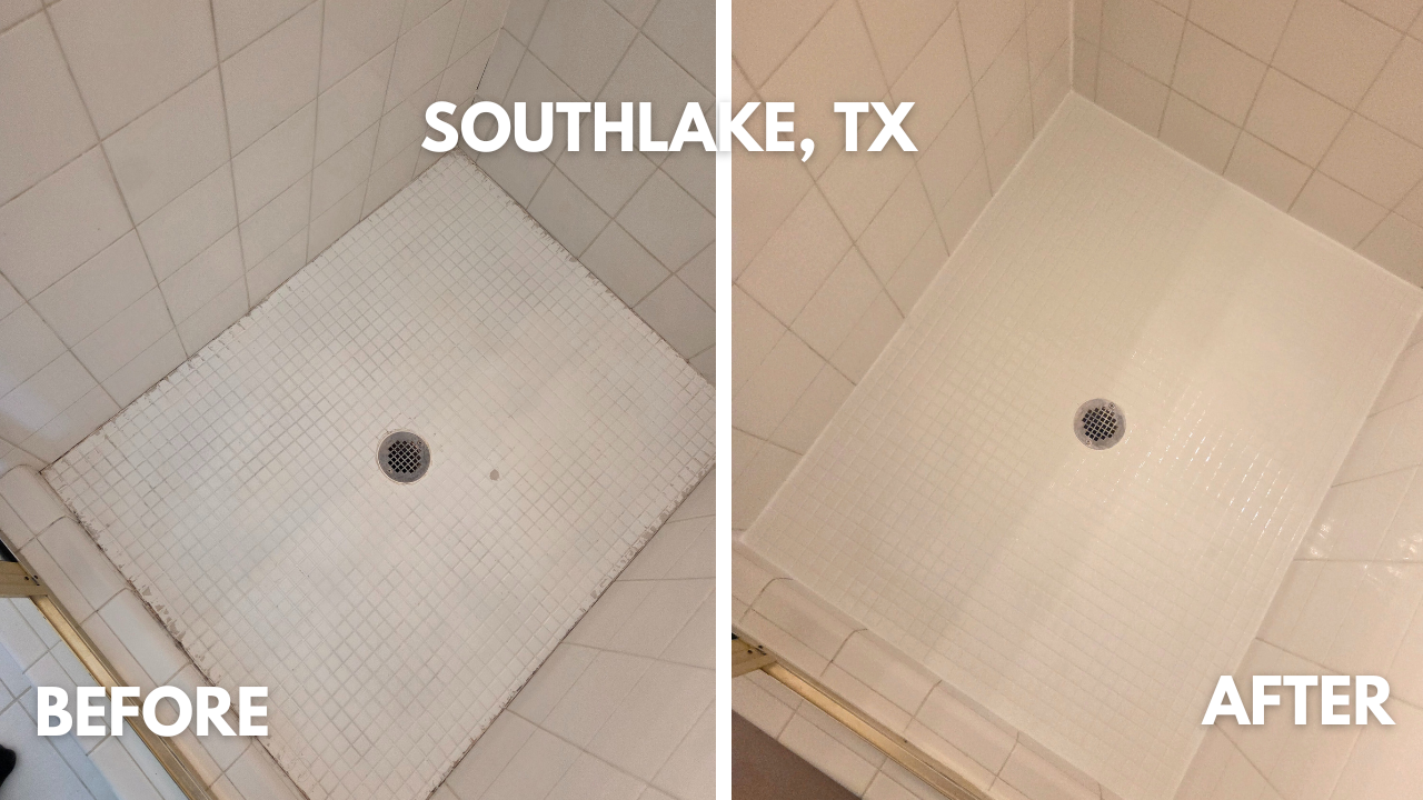 peeling shower floor tile paint removed and refinished in Southlake, texas