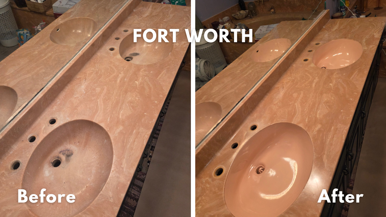 1970s orange swirl cultured marble sink and vanity top in Fort Worth, Texas. Damage and cracks were repaired before refinishing the sinks in Sherwin-Williams color 6345 Sumptuous Peach. 