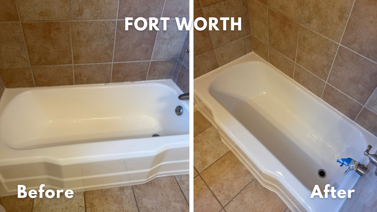 This bathtub in Fort Worth was refinished 30 years ago, and is still in great condition! The client concern is that it is starting to turn yellow and wanted it refinished again in a bright glossy white. 