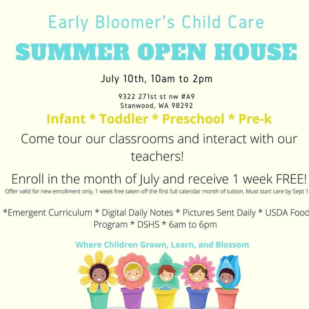 Come meet us this Saturday! #openhouse #stanwoodwa #childcare #daycare #preschool #earlylearning #earlybloomers #earlybloomerscc #infant #waddler #toddler #preschool #prek