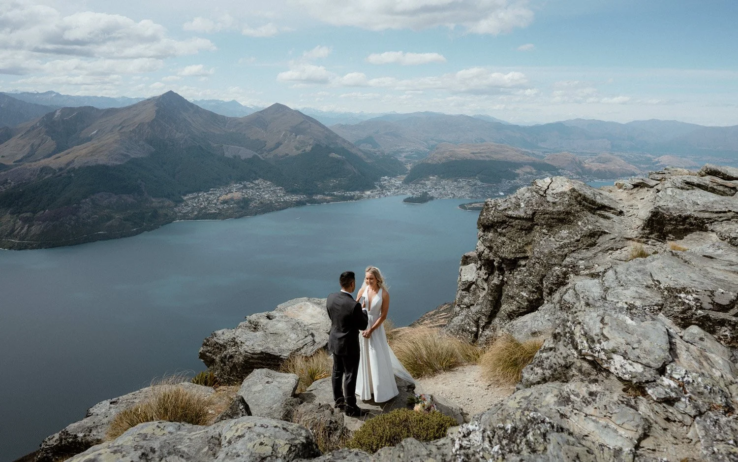 Cecil Peak heli wedding ceremony, lake Wakatipu and Queenstown in the background