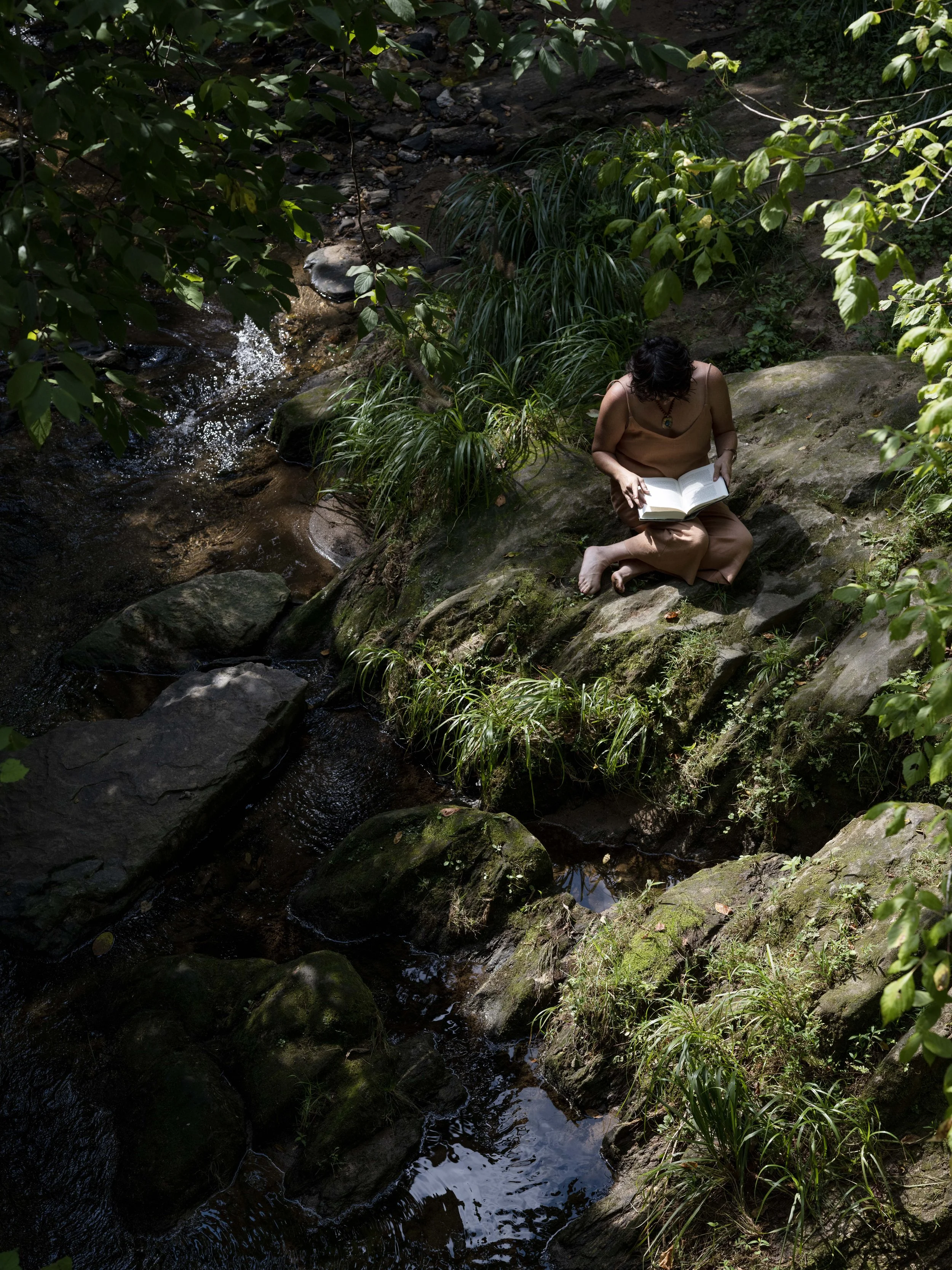 A woman sitting on a moss-covered rock by a small stream in a lush, green forest, reading a book.