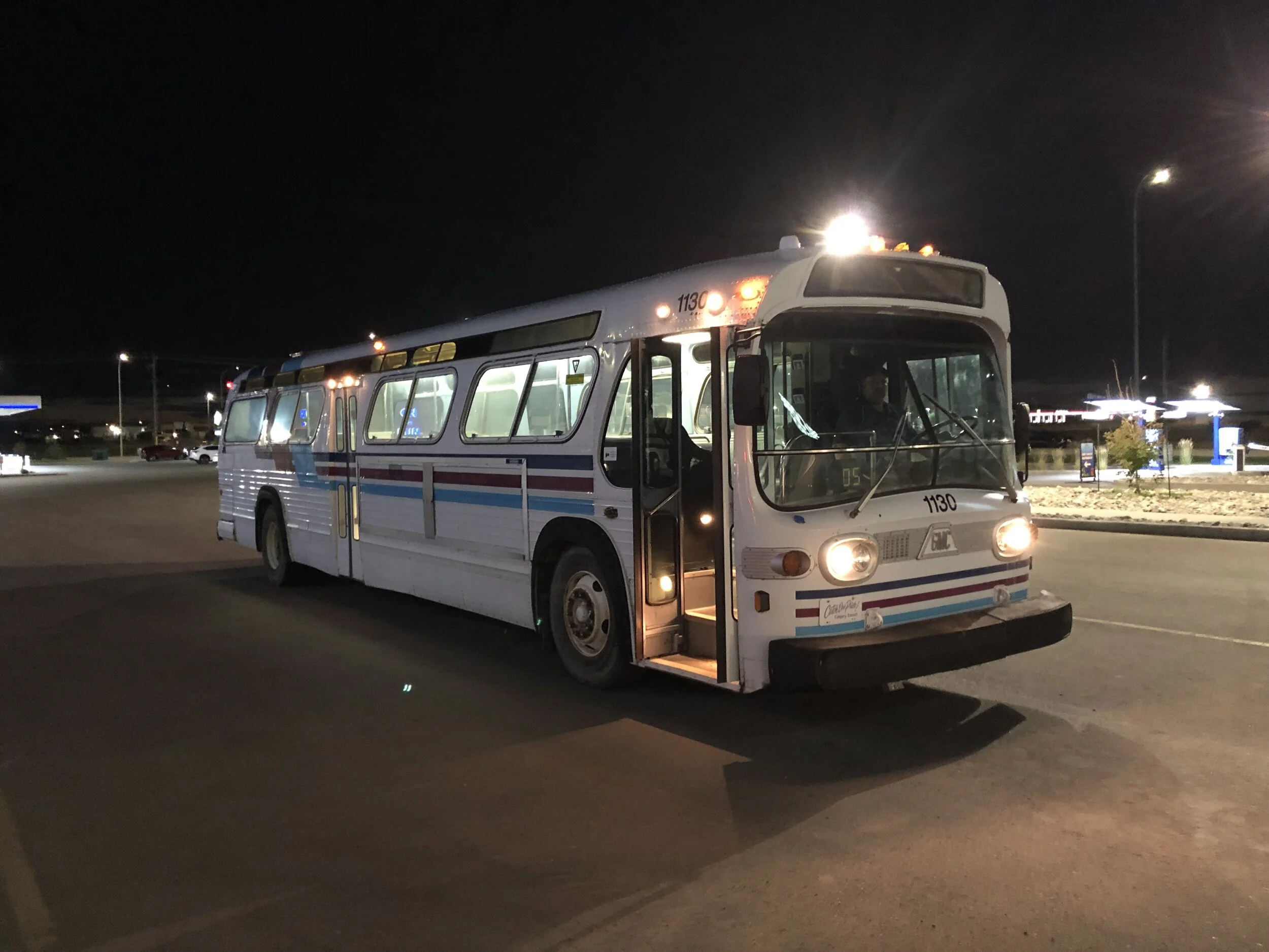 1130 in a parking lot in Southeast Calgary with Peter at the wheel, as we make a brief stop while on our way to Whitehorn station to meet 1046 on charter night. Photo by Nick Blonski