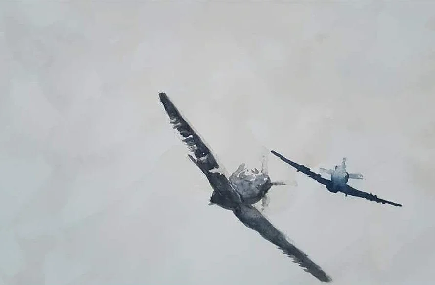 Watercolor painting of two propeller airplanes in flight, depicted in dark hues against a light background.