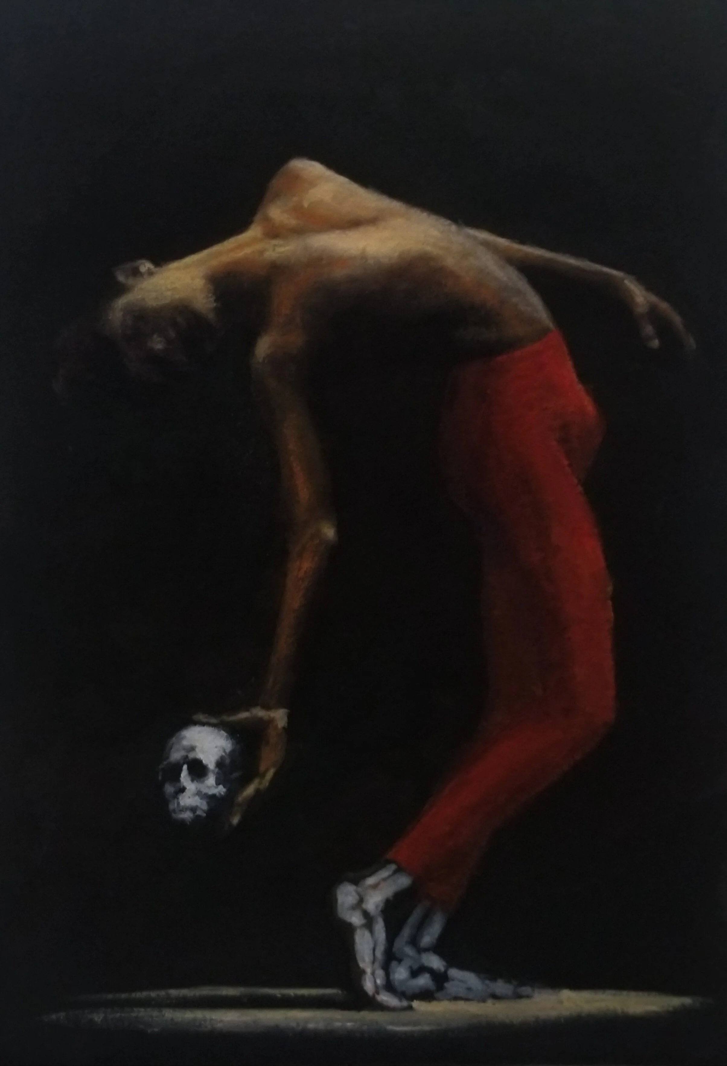Painting of a person with a bare upper torso and red pants, bent forward, holding a skull in one hand.