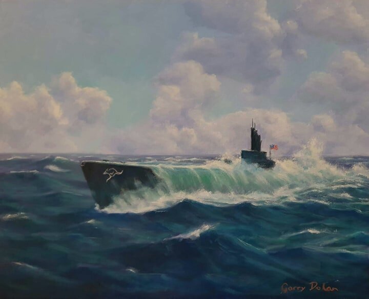 'The Kangaroo Express' 40cm x 50cm
This painting is a tribute to two men and an American submarine that became a favourite of the people of Brisbane.
During an encounter on 7 February 1943 the USS Growler was rammed by a Japanese patrol boat. With ma