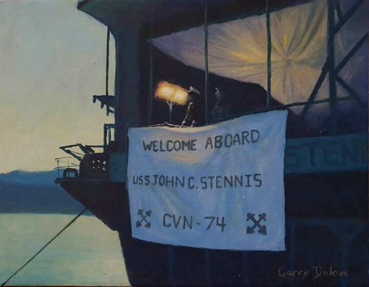 'Welcome aboard the Stennis' 30cm x 40cm
Painted from personal experience of the friendship that exists between Australia and America. While living in Hobart, Tasmania, I enjoyed the opportunity to visit three United States Navy Aircraft Carriers, on