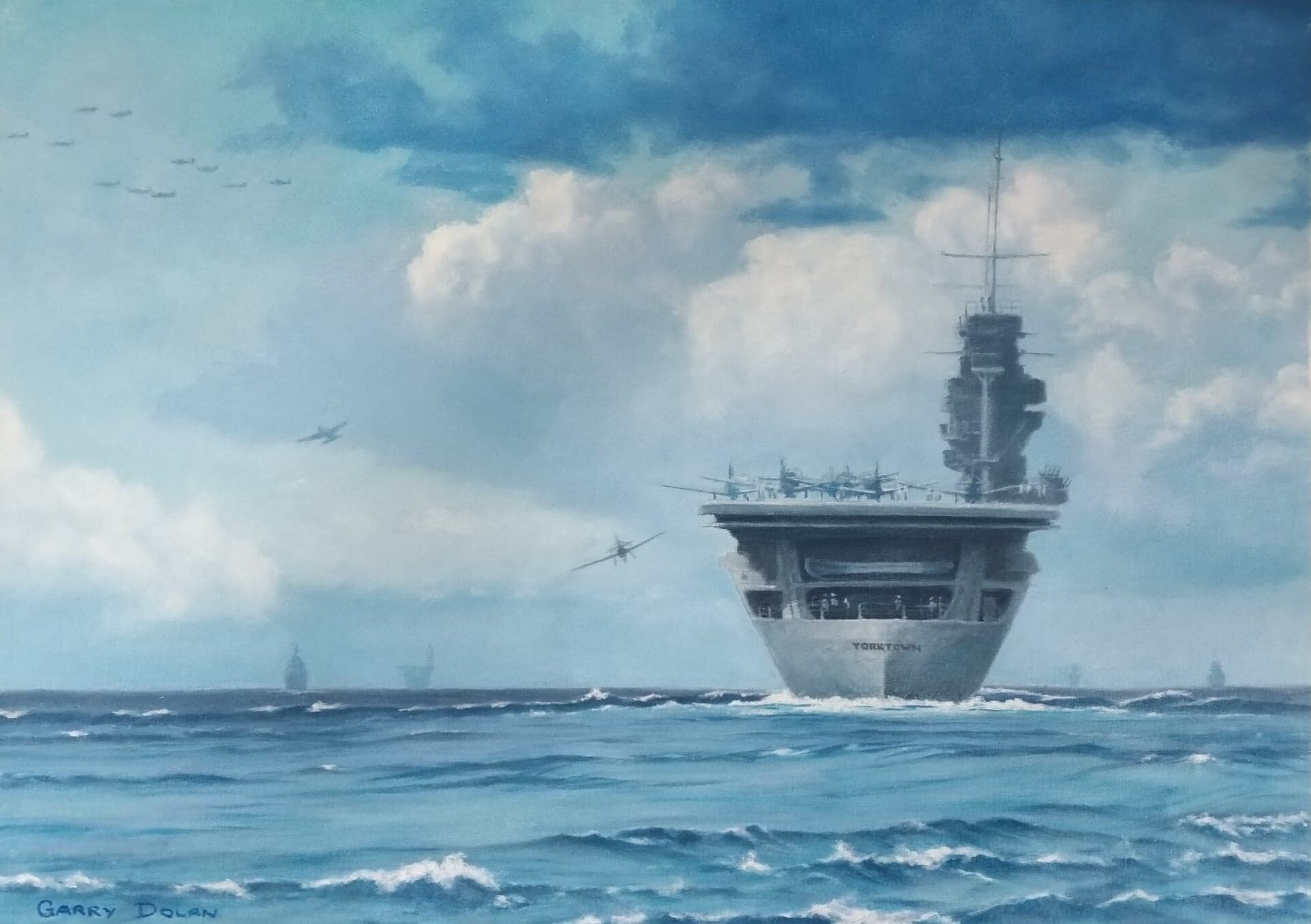 'Dawn of a new era' 70cm x 50cm
This work depicts the launching of aircraft from the USS Yorktown and in the distance, the USS Lexington to start the Battle of the Coral Sea. This battle was significant for many reasons. It was significant in that it