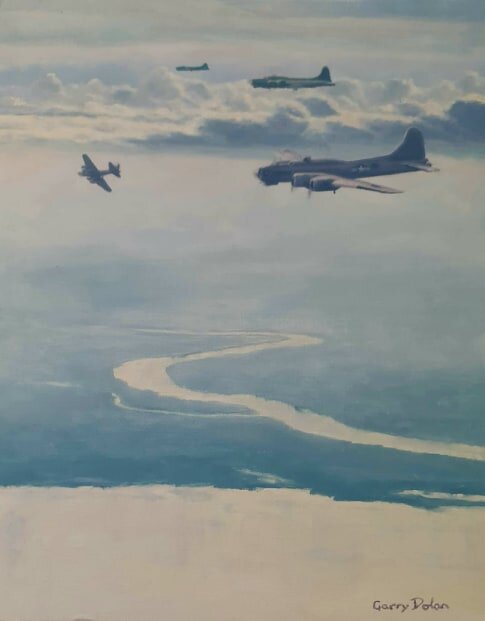 'The Kangaroo Squadron' 40cm x 50cm
On 18 February 1942, the six B-17s of the ex-88th RS saw that weather reports for Townsville were bad and as they were only able to obtain an extra 800 gallons of fuel per B-17, Carmichael decided to fly to Brisban