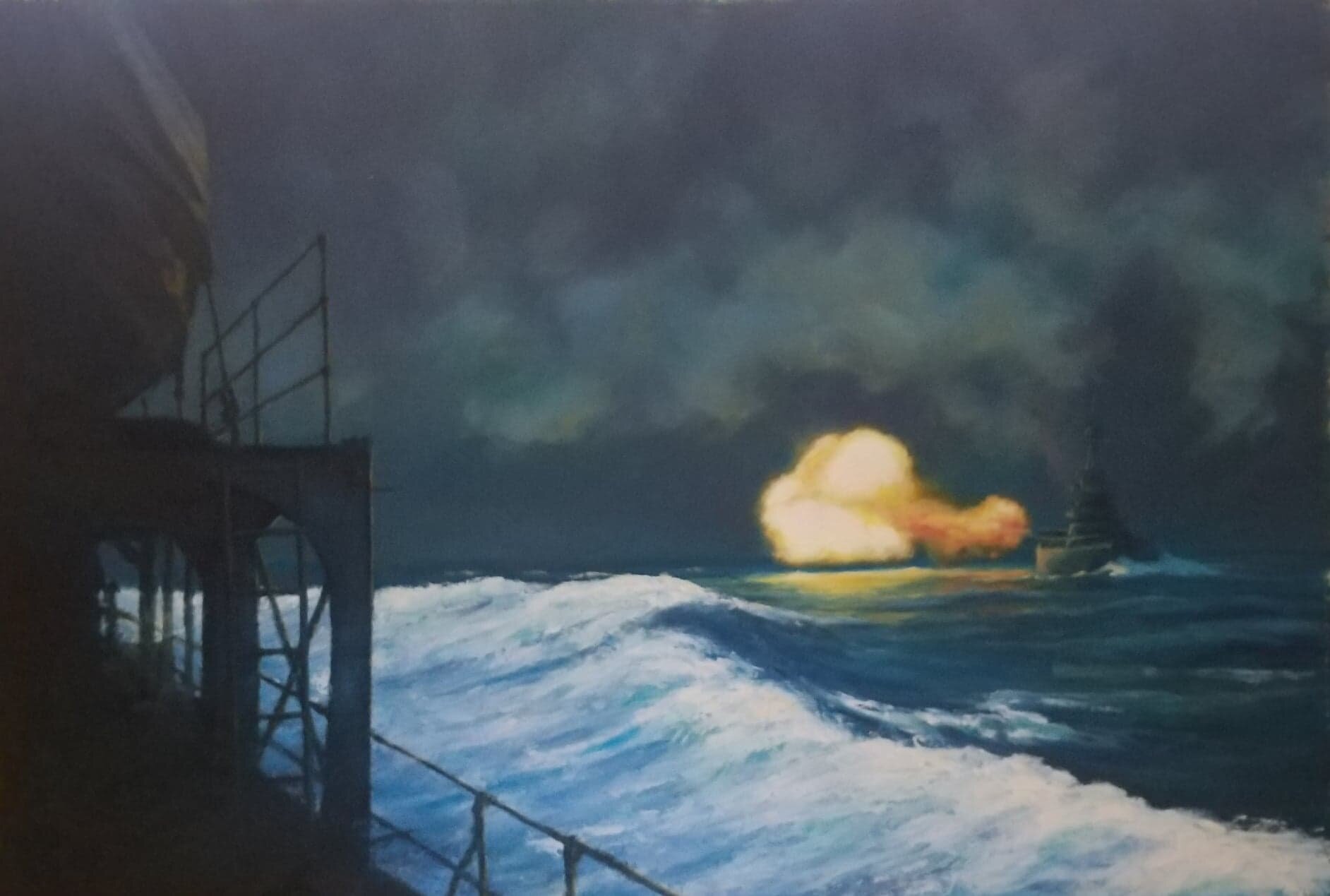 'Shoulder to shoulder' 84cm x 56cm
In the early evening on 28 February, the USS Houston, HMAS Perth and the Dutch destroyer HNLMS Evertsen received orders to depart Tanjung Priok and head through Sunda Strait to Tjilatjap, on the south coast of Java