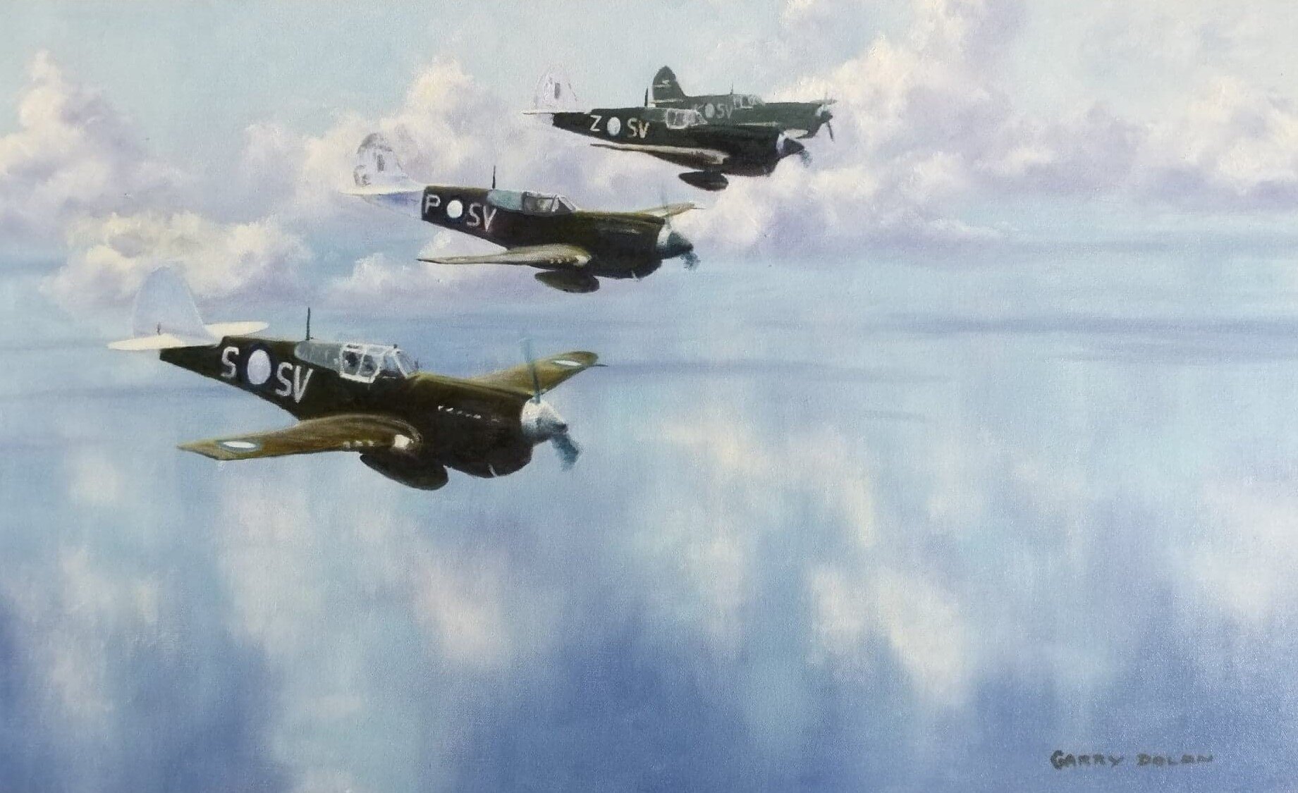 'American Machines, Aussie Pilots', 75cm x 45cm
Based at Noemfoor from mid-October 1944, the Kittyhawks of the RAAF’s No. 76 Squadron as part of No. 10 Group attacked Japanese positions in western New Guinea and the eastern islands of the Netherlands