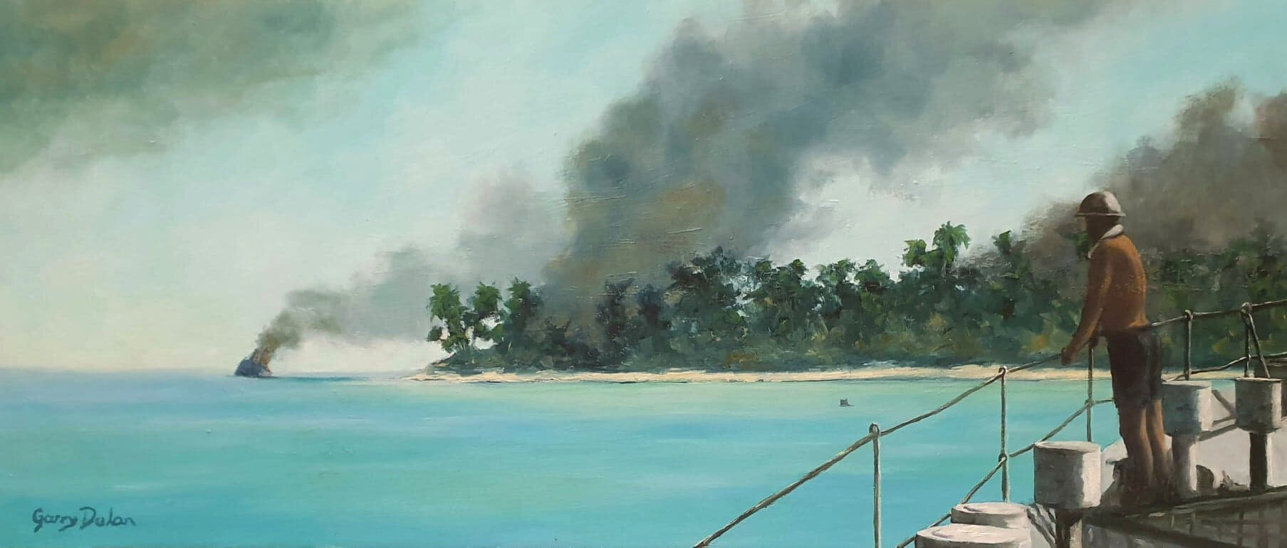 'Attack on paradise' 75cm x 32cm
On 19 February 1942, Australia’s most northern major city Darwin was bombed. The first attack on Australian homeland saw Japanese fighters and bombers attack the port and shipping in the harbour twice during the day,