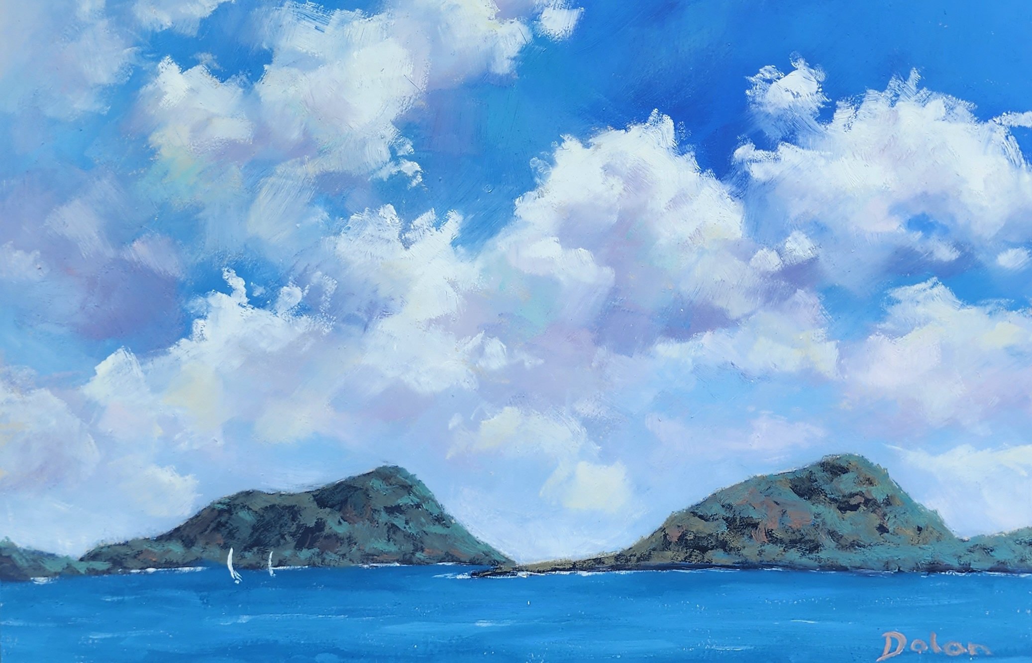 Painting of a seascape with two hills and fluffy clouds in a blue sky.