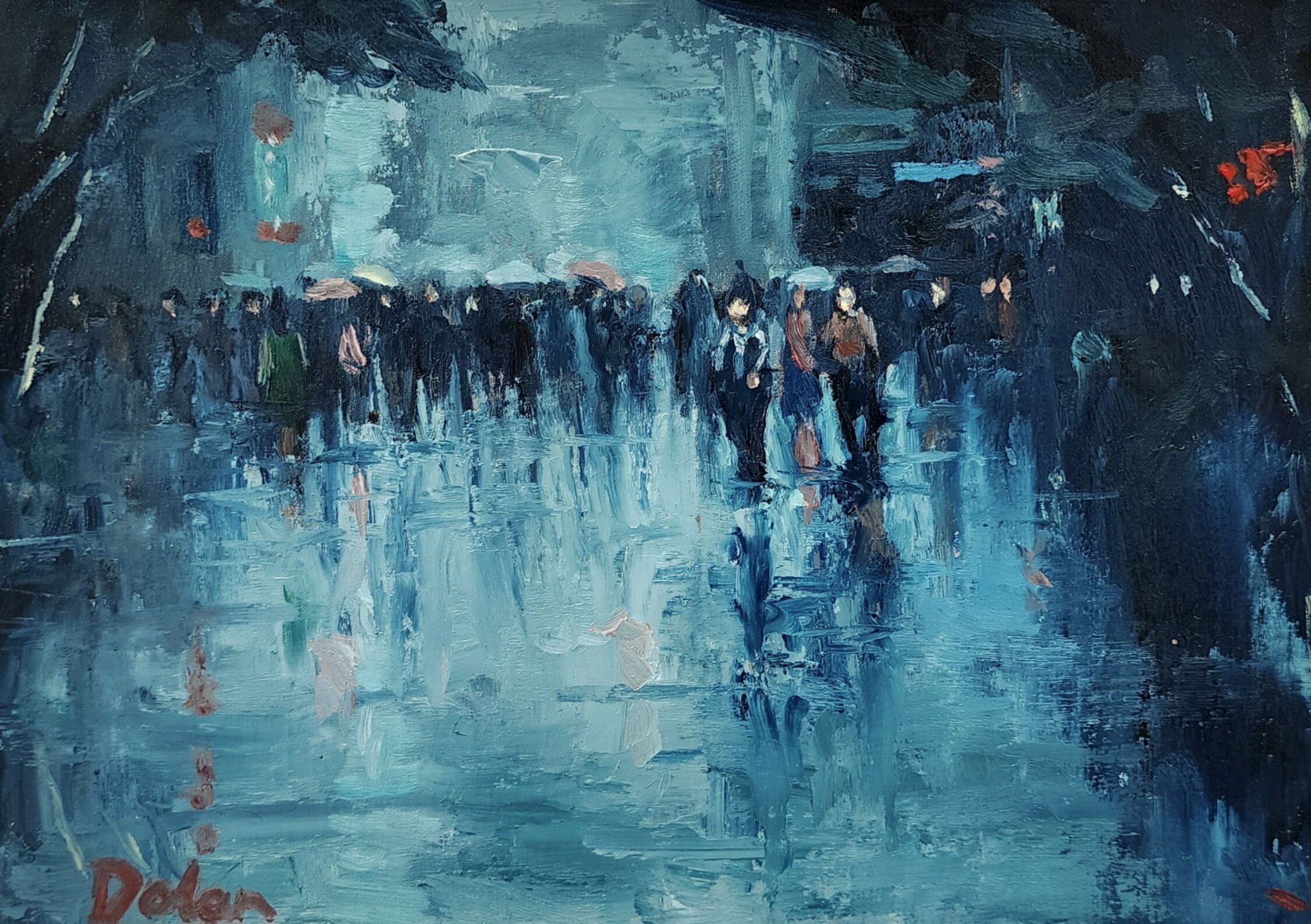 Summer Rain, Queen Street Mall. Painted en plein air on A$ canvas. $1500 AUD