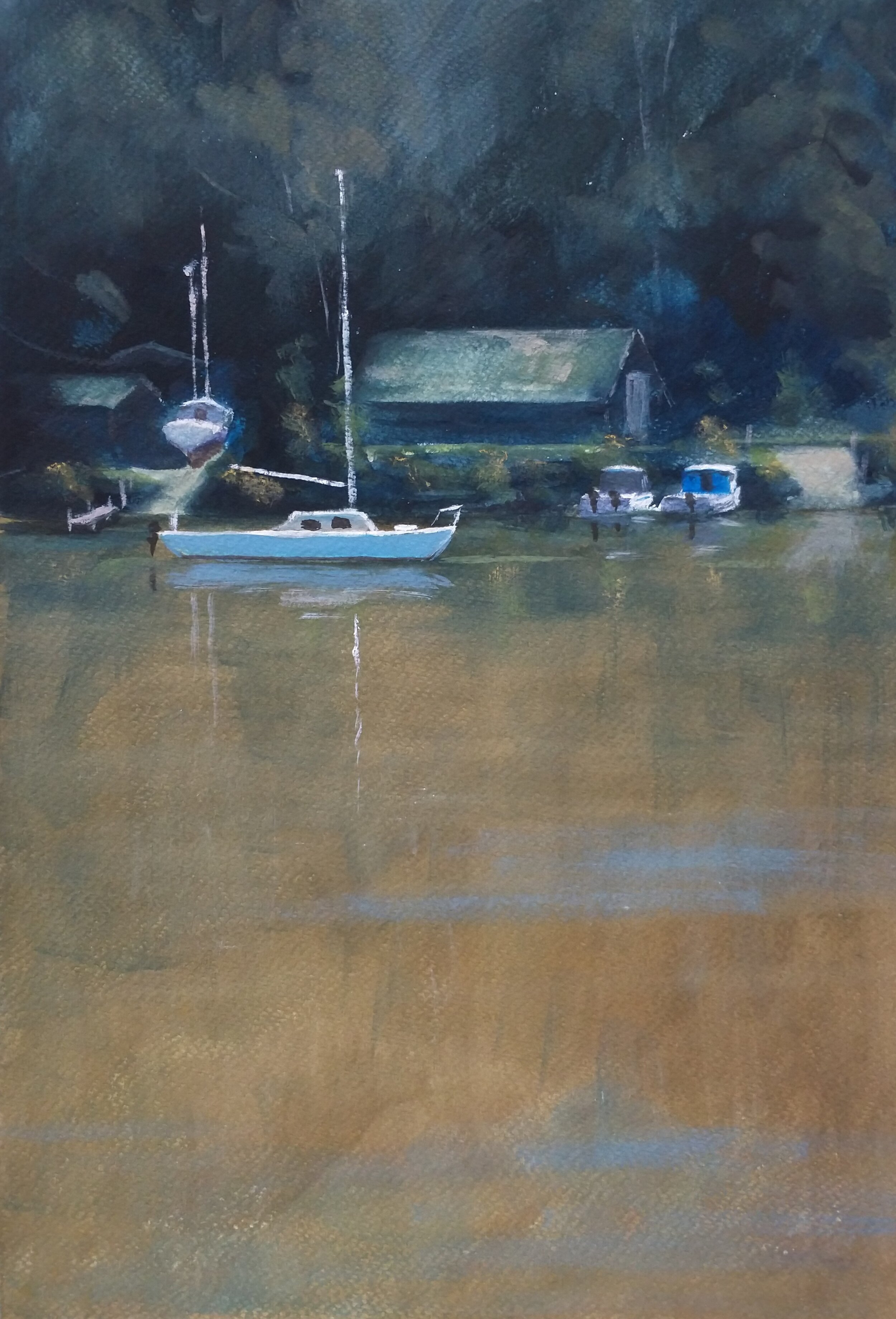 The Sherwood Boatyard, gouache on 300gsm arches watercolour paper, painted en plein air. $1000AUD