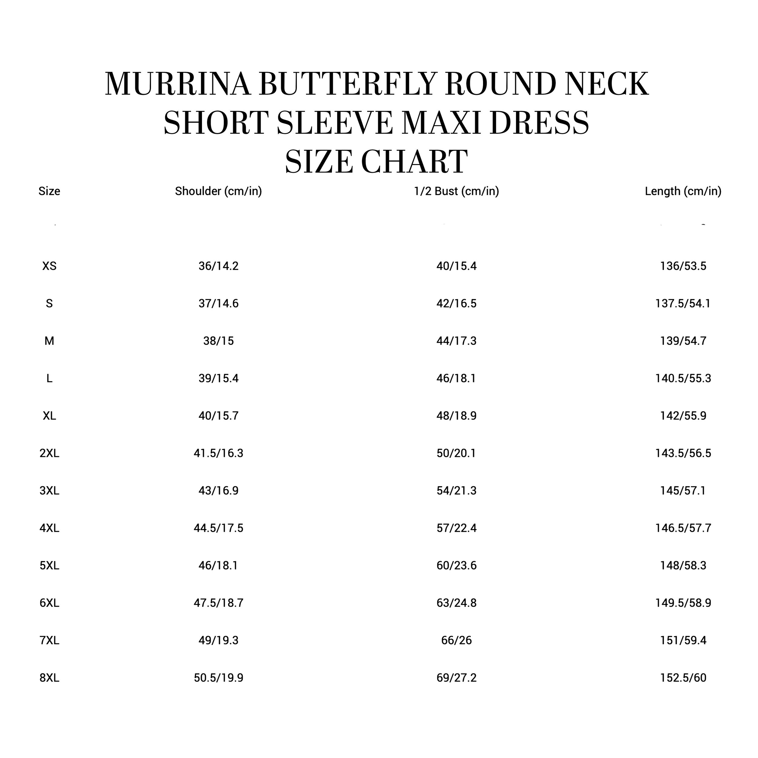 BUTTERFLY ROUND NECK SHORT SLEEVE MAXI DRESS SIZE CHART