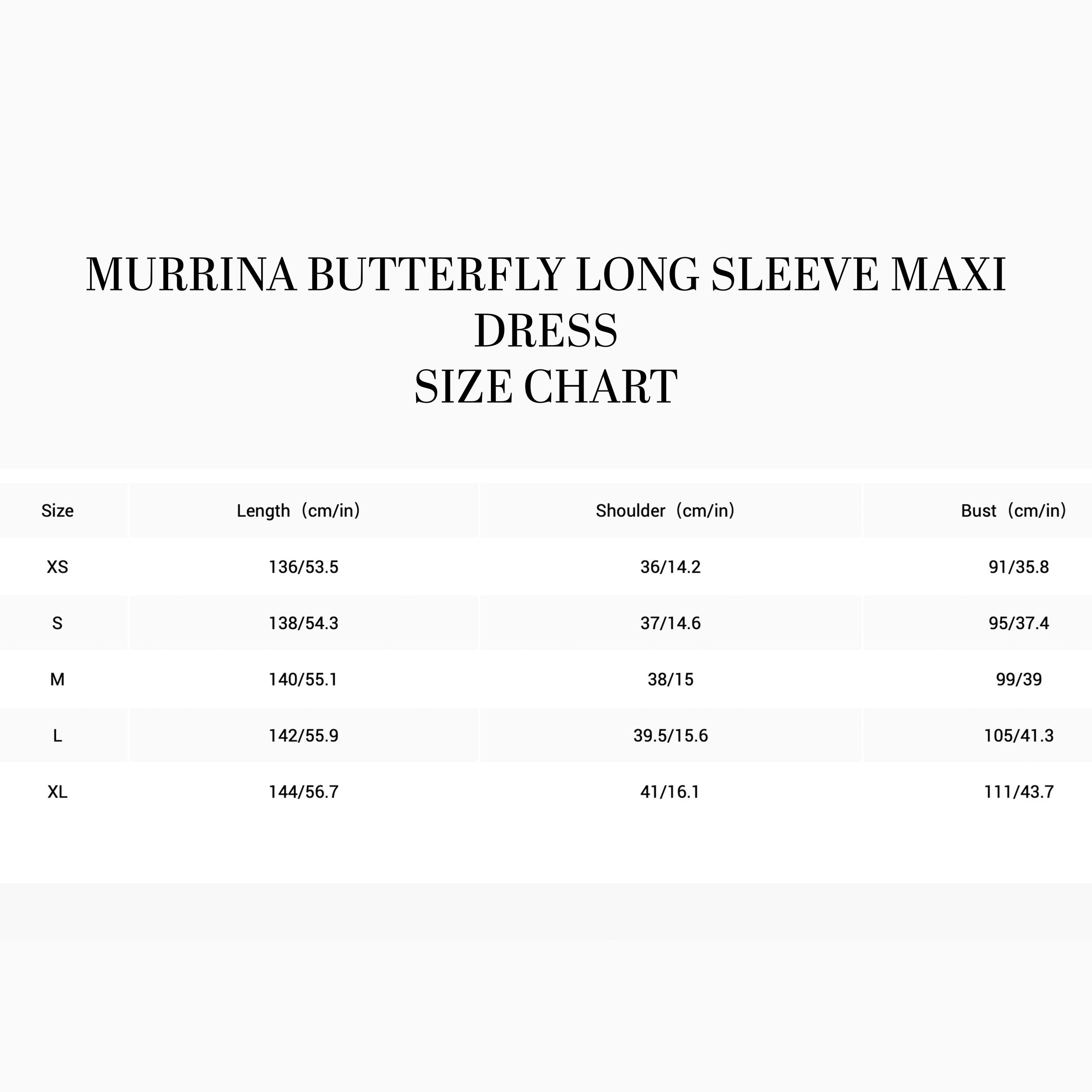 BUTTERFLY LONG SLEEVE MAXI DRESS SIZE CHART