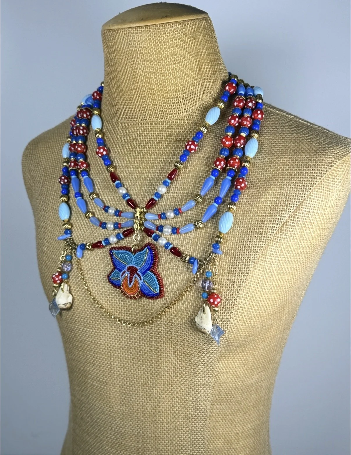 NEW 4 TIERED ELK IVORY NECKLACE WITH BEADED FLORAL PENDANT