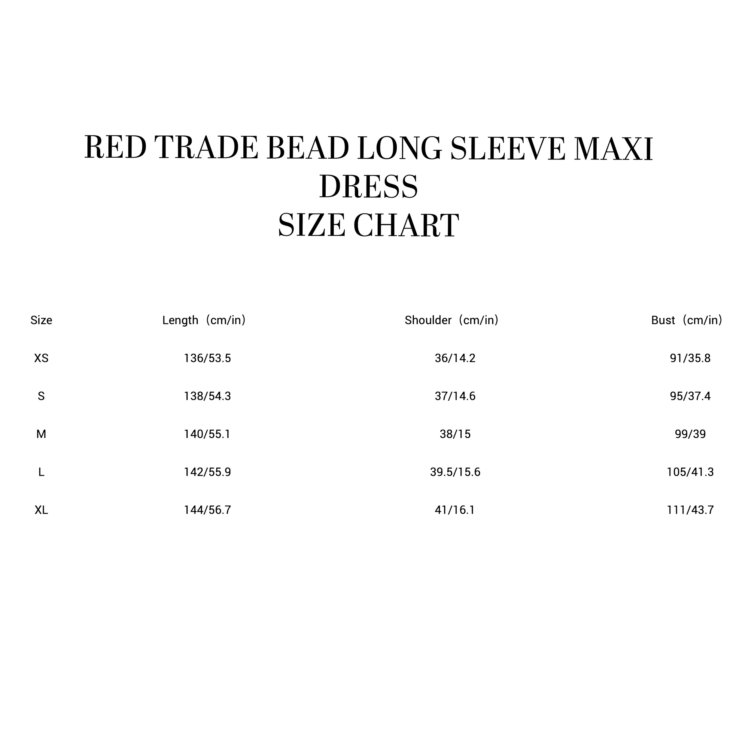 RED TRADE BEAD DRES SIZE CHART