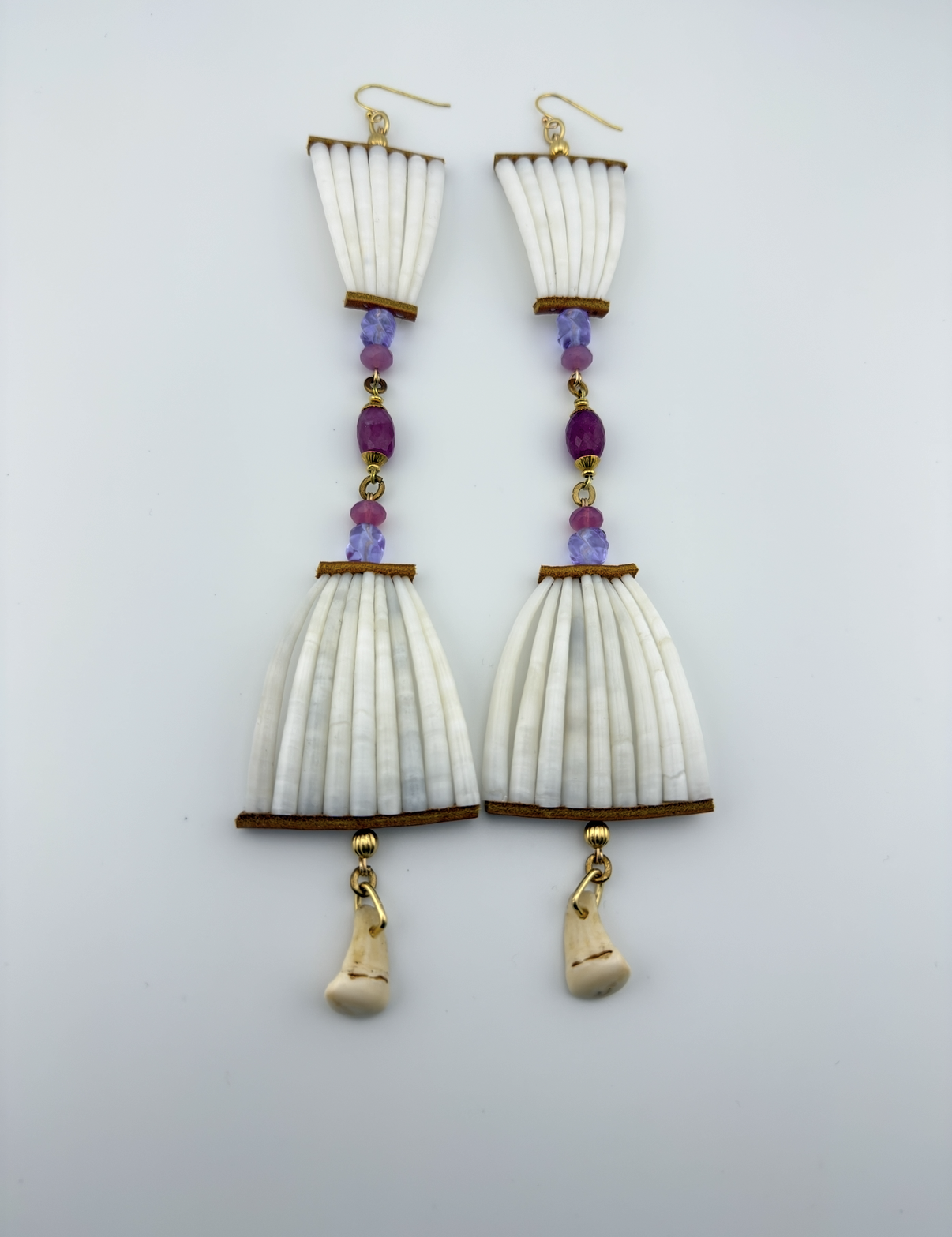 EJNA LARGE 2 TIERED DENTALIUM SHELL EARRINGS W/ PINK SAPPHIRES 3