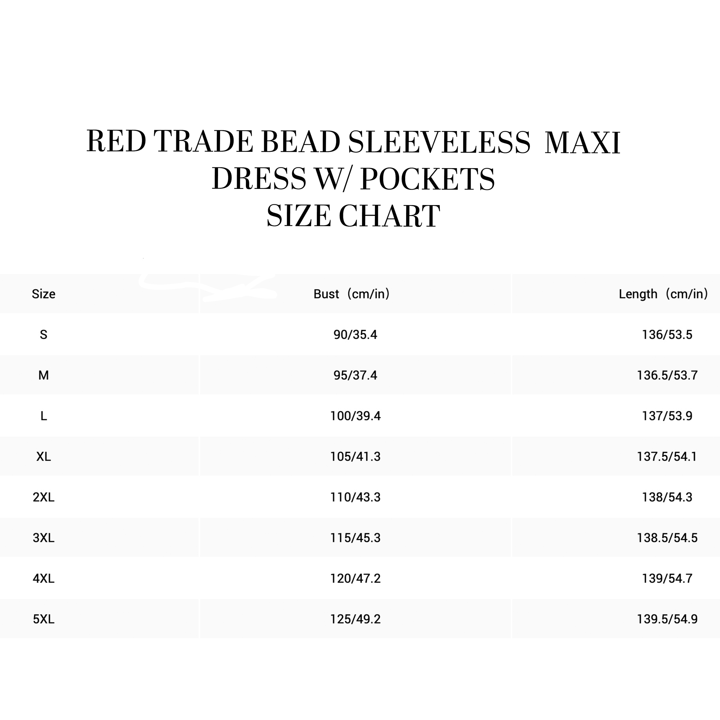 RED TRADE BEAD SLEEVELESS MAXI DRESS SIZE CHART