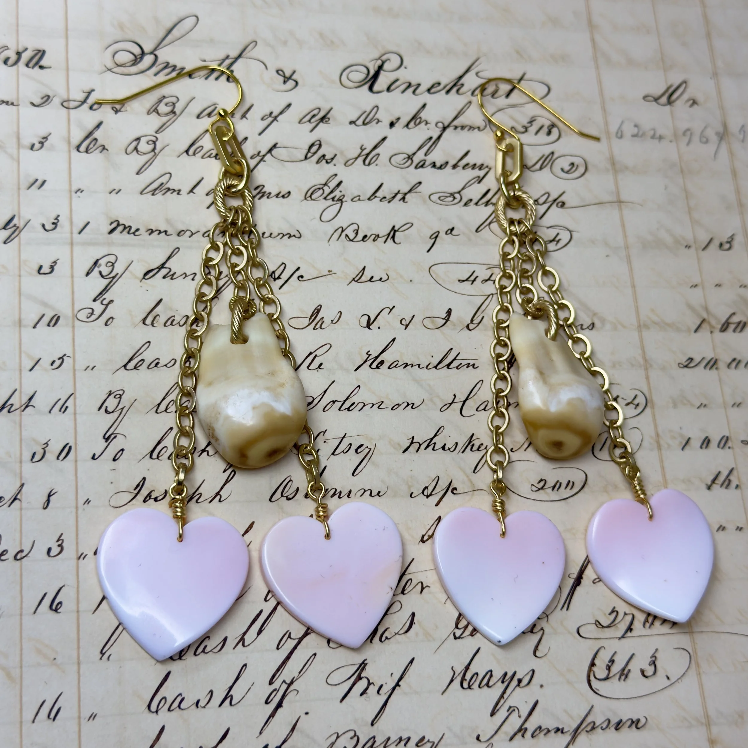DOUBLE PINK CONCH HEART CHANDELIER EARRINGS 5
