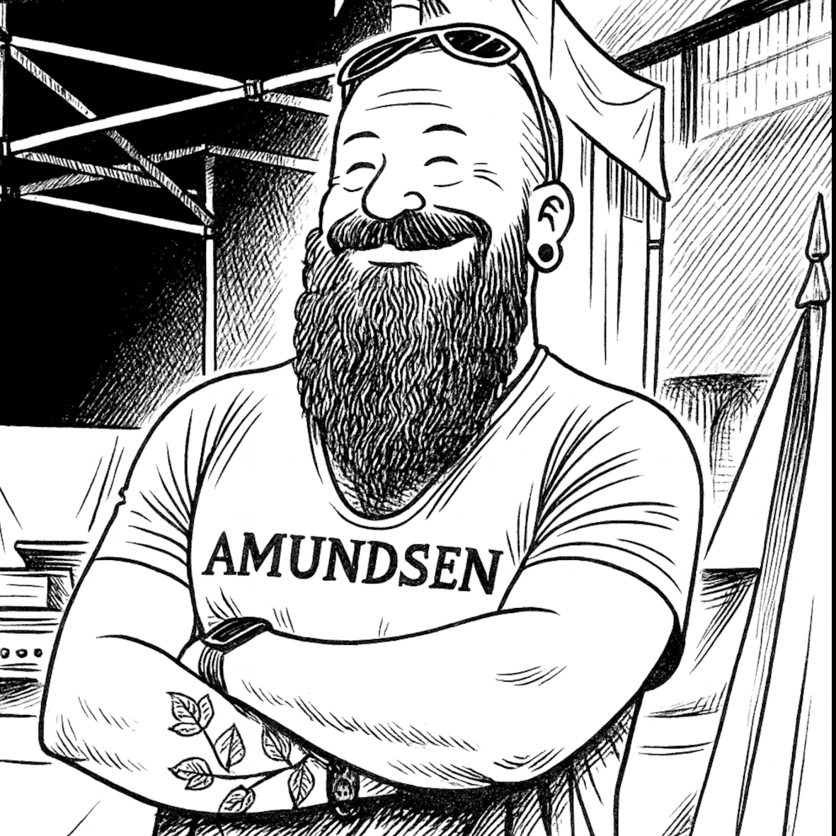 En tegnet kvinne med fullt skjegg og kort hår, iført en t-skjorte med teksten «AMUNDSEN». Hun har et armbånd og har tatoveringer på armen. I bakgrunnen er det en utendørs scene med en telt eller innretning.