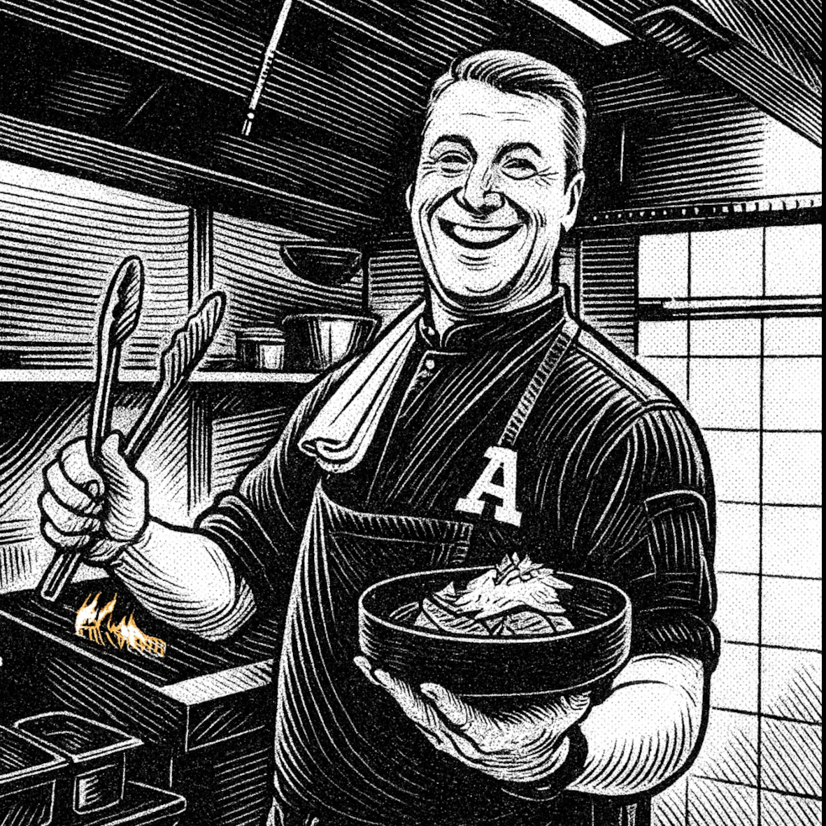 Illustrasjon av en smilende mann i kokkeforkle som holder en bolle med mat og bruker tenger i kjøkkenet.