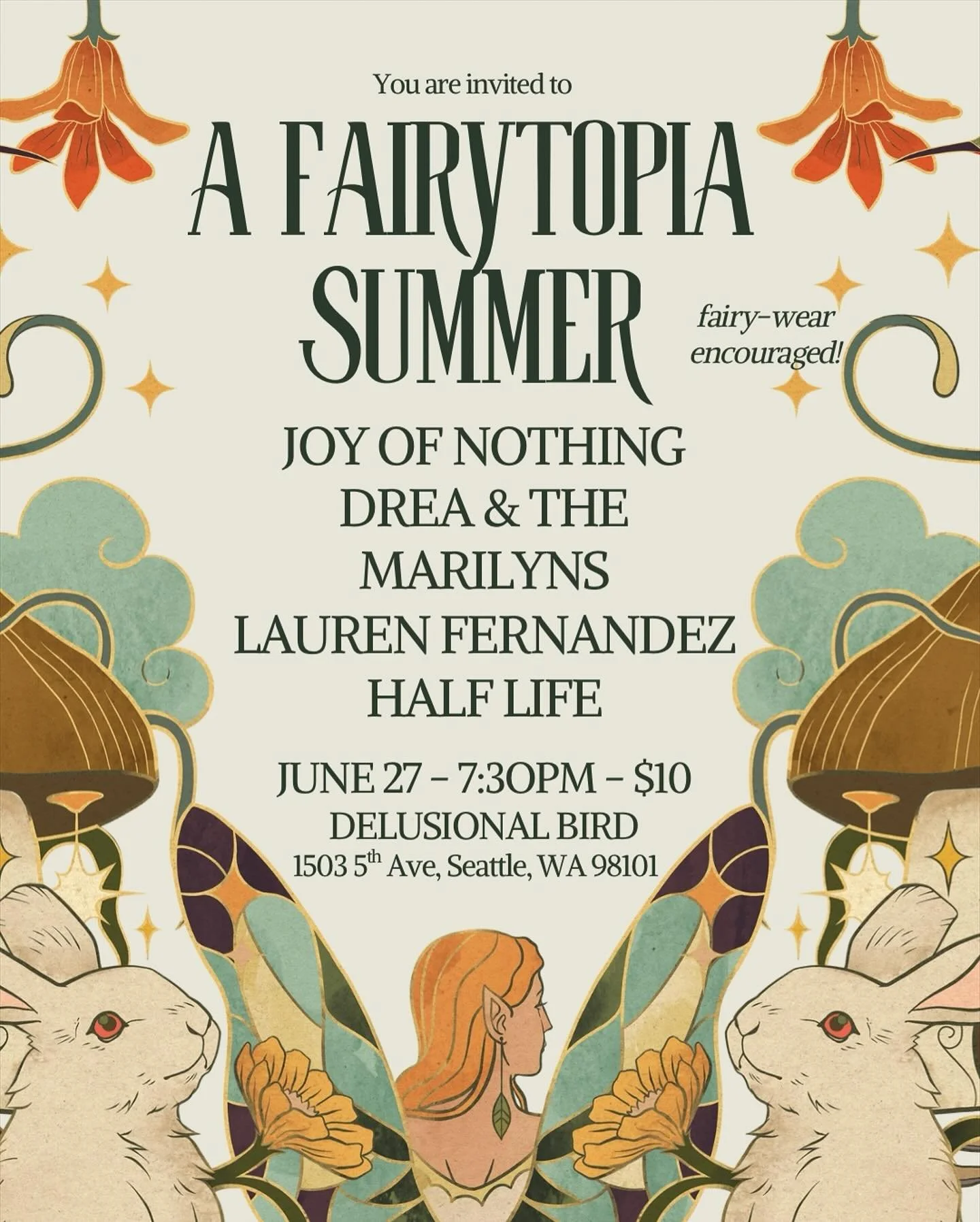 FRIDAY SHOW!! ⭐️🪽Doors 730PM. $10. ALL AGES!!!! 
FEATURING: 
@halflife_band 
@laurenwithaguitar 
@drea.marilyn 
@joyofnothing_official 
See you soon our loves can&rsquo;t wait!!! FAIRY WEAR ENCOURAGED 🧚 🧚&zwj;♀️ 🧚&zwj;♂️