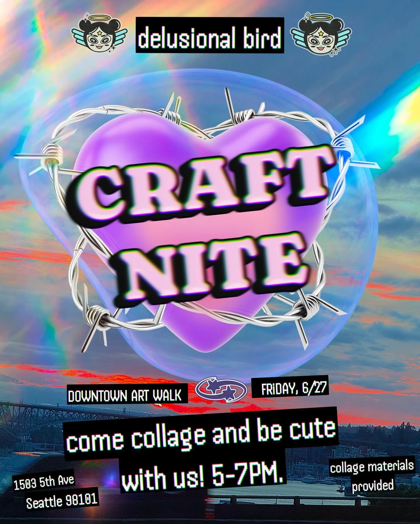 CRAFT NITE!!!!!! Join us during the @seattledowntownartwalk for some crafting and collaging! Materials provided 🪽💕💕💕 5-7PM. FREE!!!