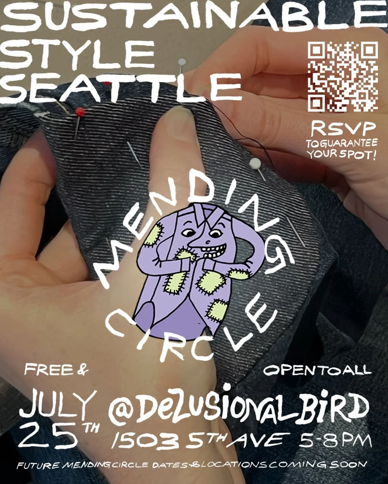 It&rsquo;s that time of the month again for the @seattledowntownartwalk !! ⭐️ This Friday, 7/25 from 5-8 Delusional Bird is excited to host @sustainablestyleseattle for an open to all mending circle!! Supplies will be provided! @spindripcafe will be 