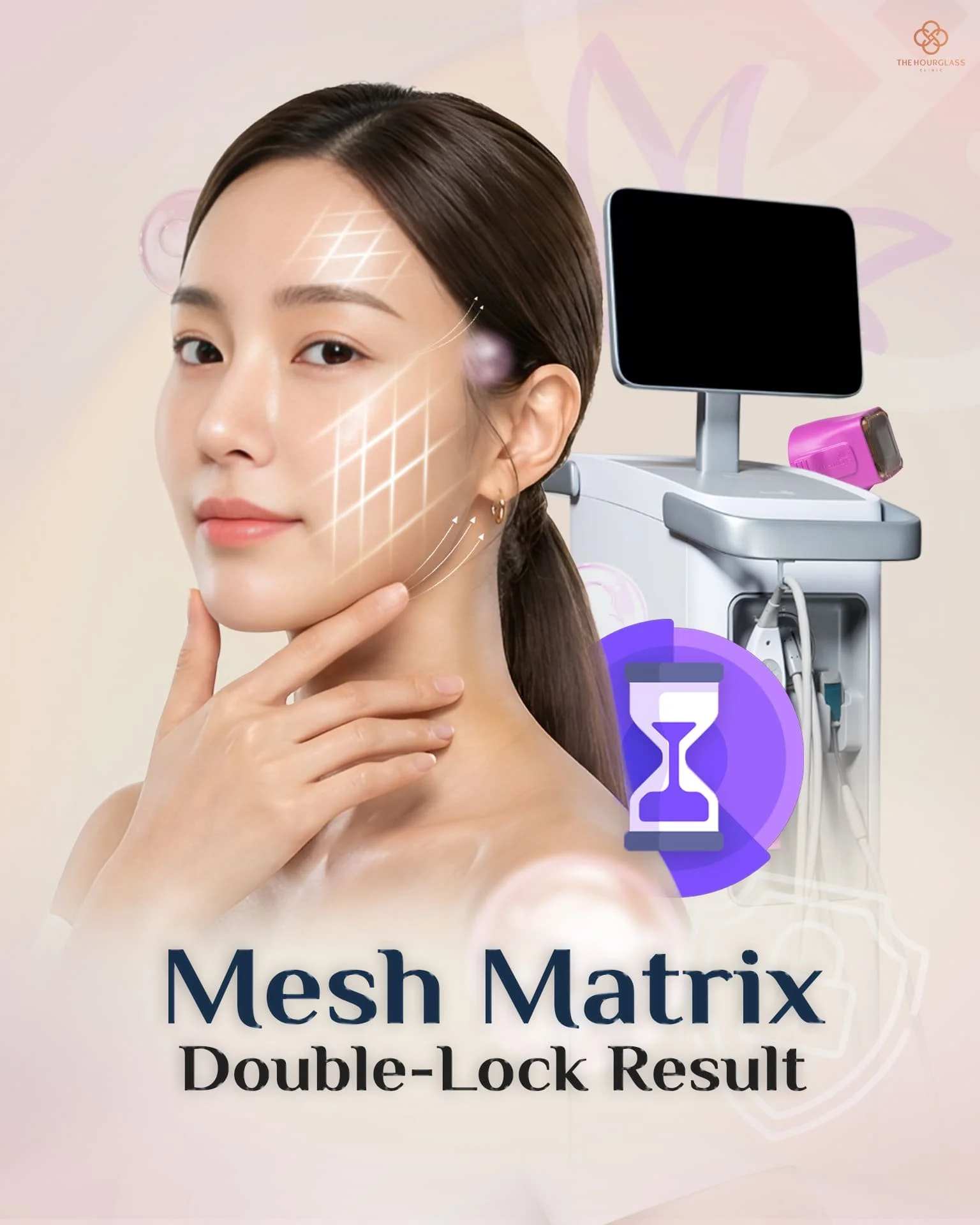 กราฟิกแสดงรากฐานผิวแข็งแรงแบบตาข่าย Mesh Matrix จากผลลัพธ์ Double Lock ของเทคนิค THC Vector ผสาน Thermage FLX ช่วยล็อคหน้าเป๊ะอยู่ทรงนานกว่าปกติ 2 เท่า ป้องกันความหย่อนคล้อยในอนาคต