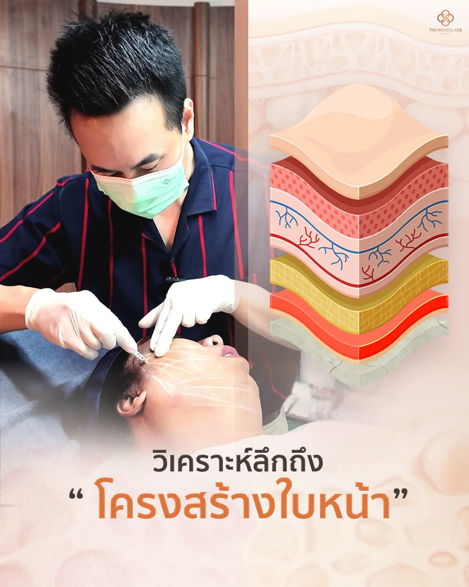 คุณหมอเซนท์ที่ The Hourglass Clinic กำลังวิเคราะห์โครงสร้างใบหน้า 5 ชั้นลึกอย่างละเอียดก่อนการร้อยไหมเทคนิค THC Lock เพื่อผลลัพธ์การยกกระชับที่แม่นยำตามหลักกายวิภาค