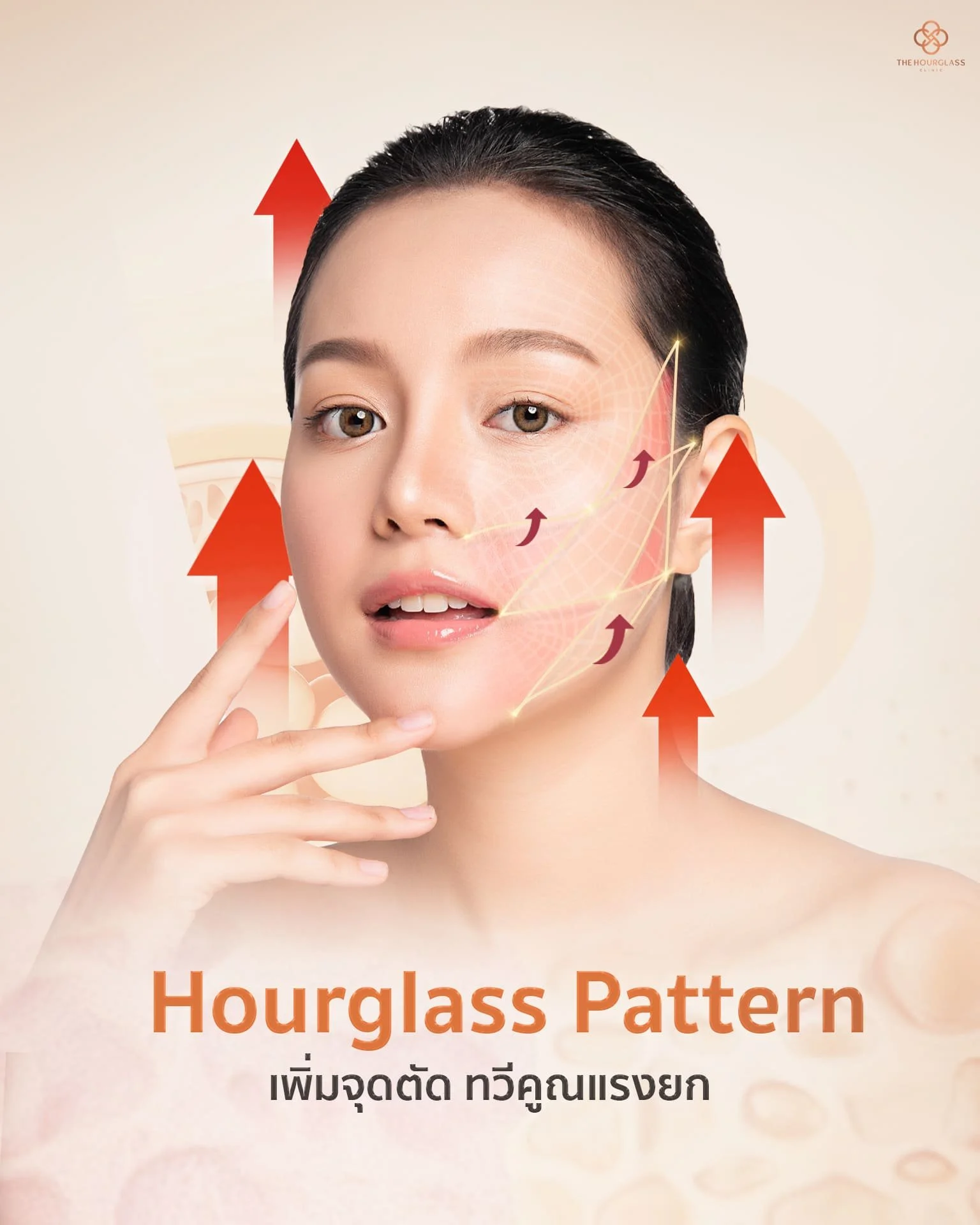 เทคนิค Hourglass Pattern เอกสิทธิ์ของ THC Lock ที่ช่วยเพิ่มจุดตัดของเส้นไหมเพื่อทวีคูณแรงยก ช่วยพยุงก้อนไขมันและชั้น SMAS (Layer 4) ให้กระชับขึ้นอย่างมีประสิทธิภาพและอยู่ทรงได้นาน
