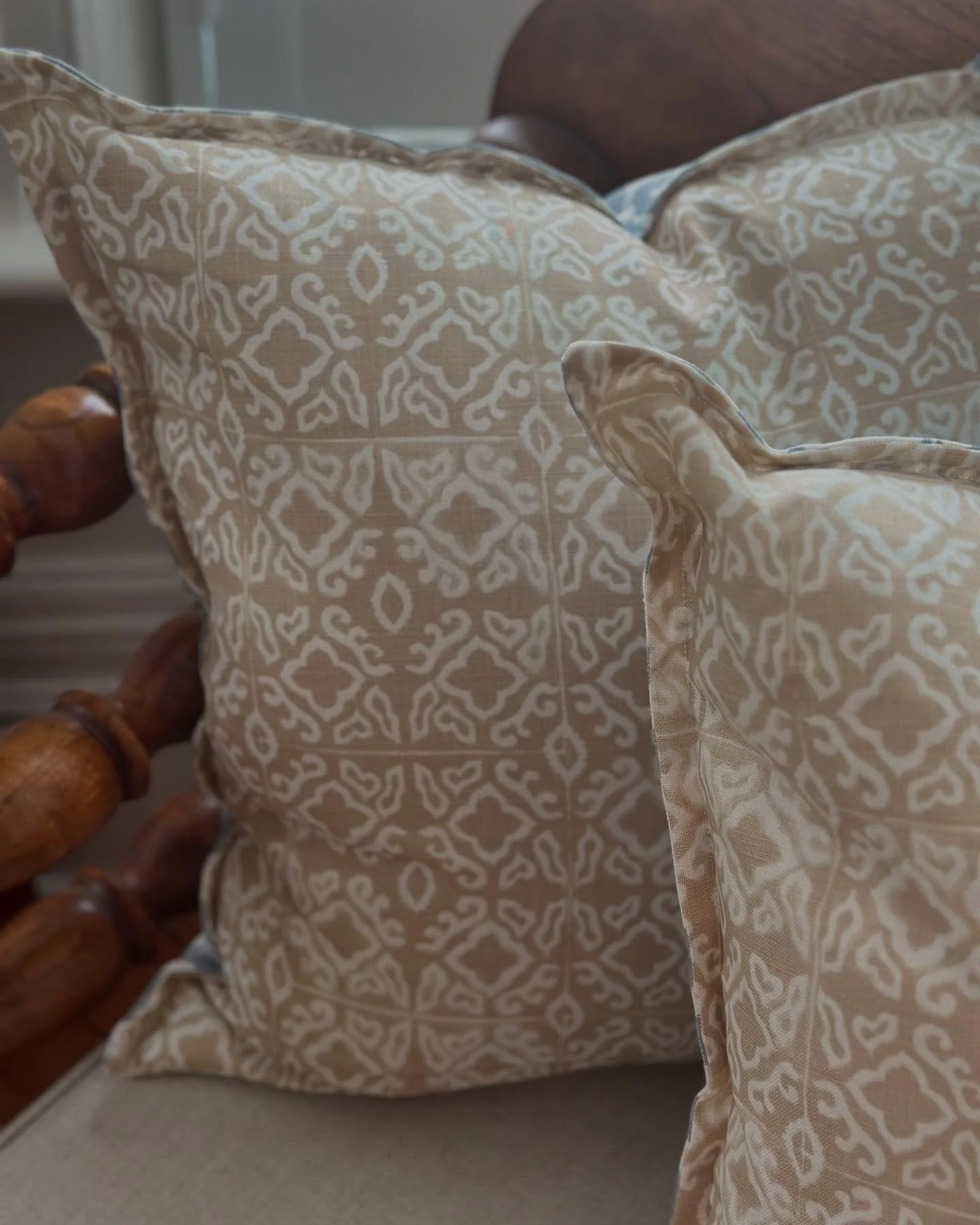 Double sided delight … 
Another dream combination - Spiro X Schumacher … a neutral and a blue; what a pair. 
Two 50x50cm French flange seam cushions, feather insert and zip closure. $500 for the pair, express postage nation wide! Inst