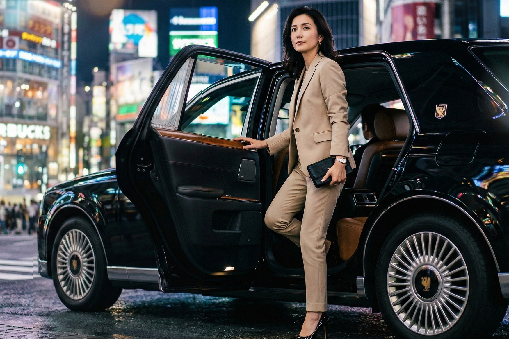 japanese woman get off the luxury sedan in shibuya crossing