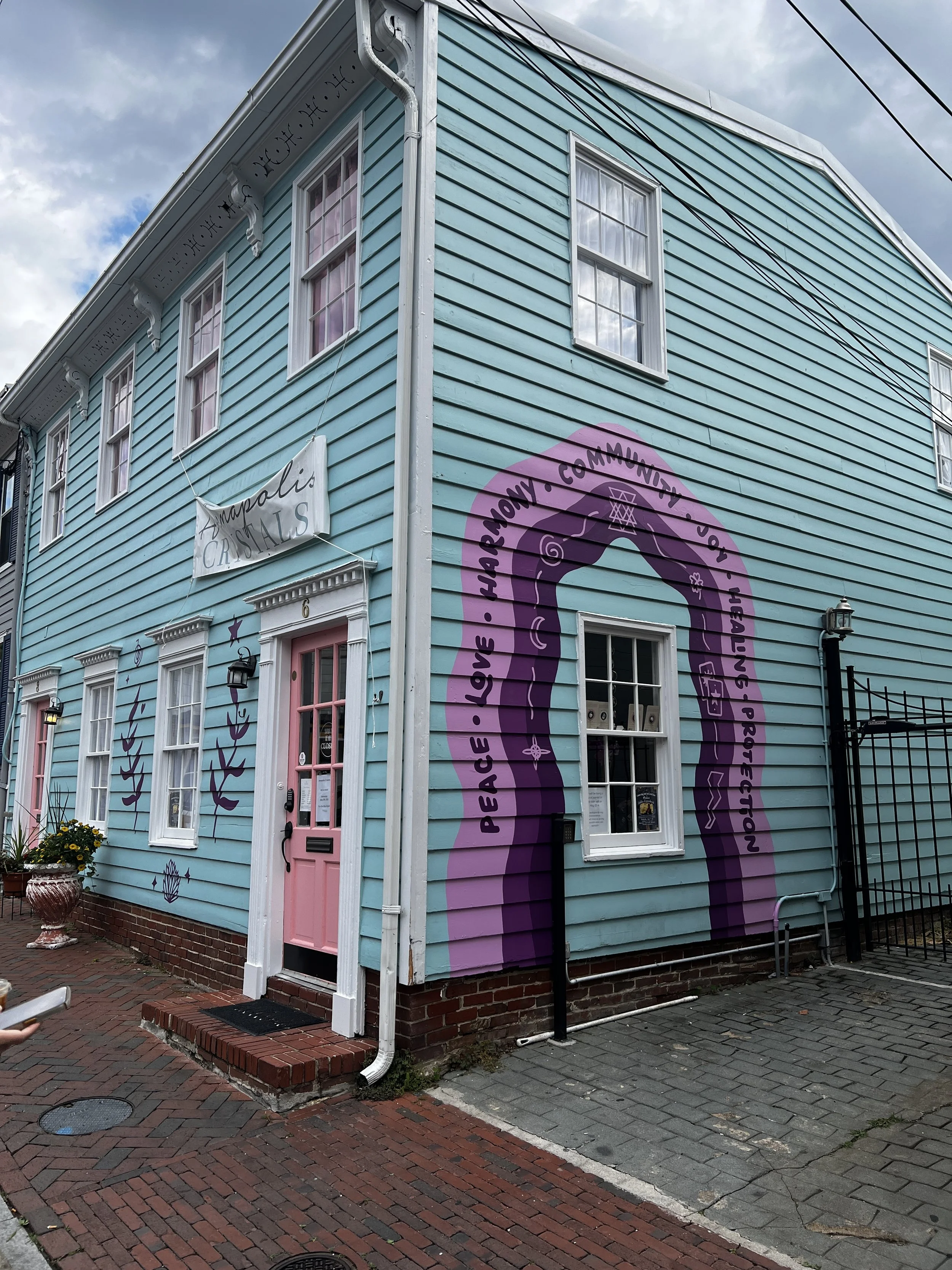 A three-story building painted in light blue with white trim, featuring pink doors and window frames. The exterior has a mural with purple and pink colors and black text, and there is a white sign that says 'Annapolis Crystals'. The building has deco