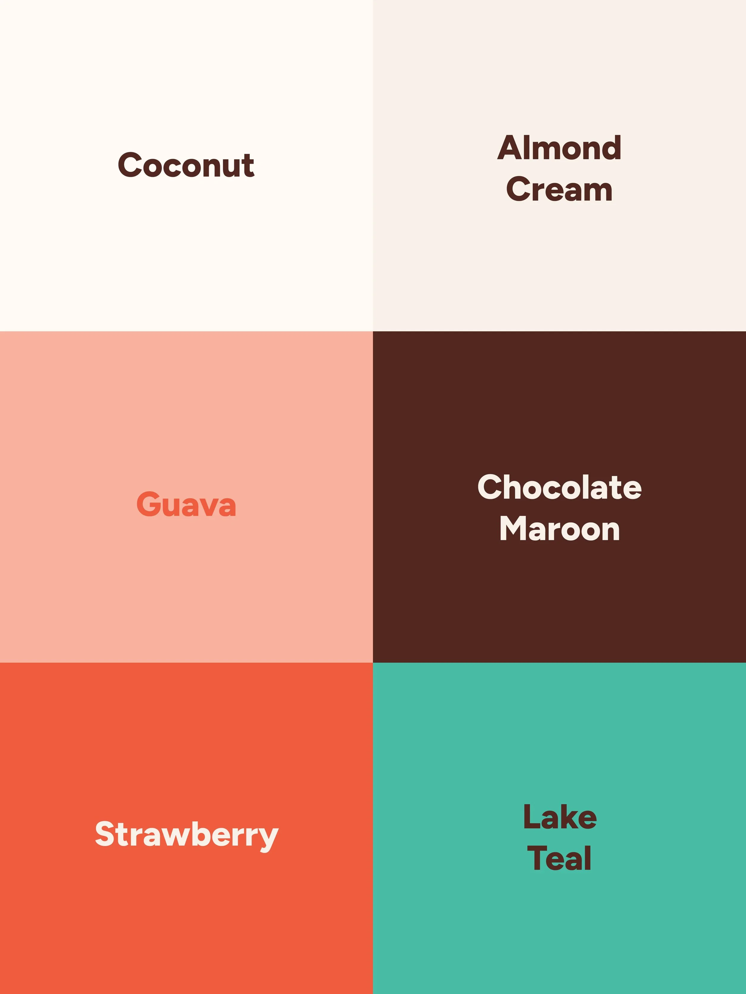 6 colors blocked out with the names Coconut, Almond Cream, Guava, Chocolate Maroon, Strawberry, and Lake Teal