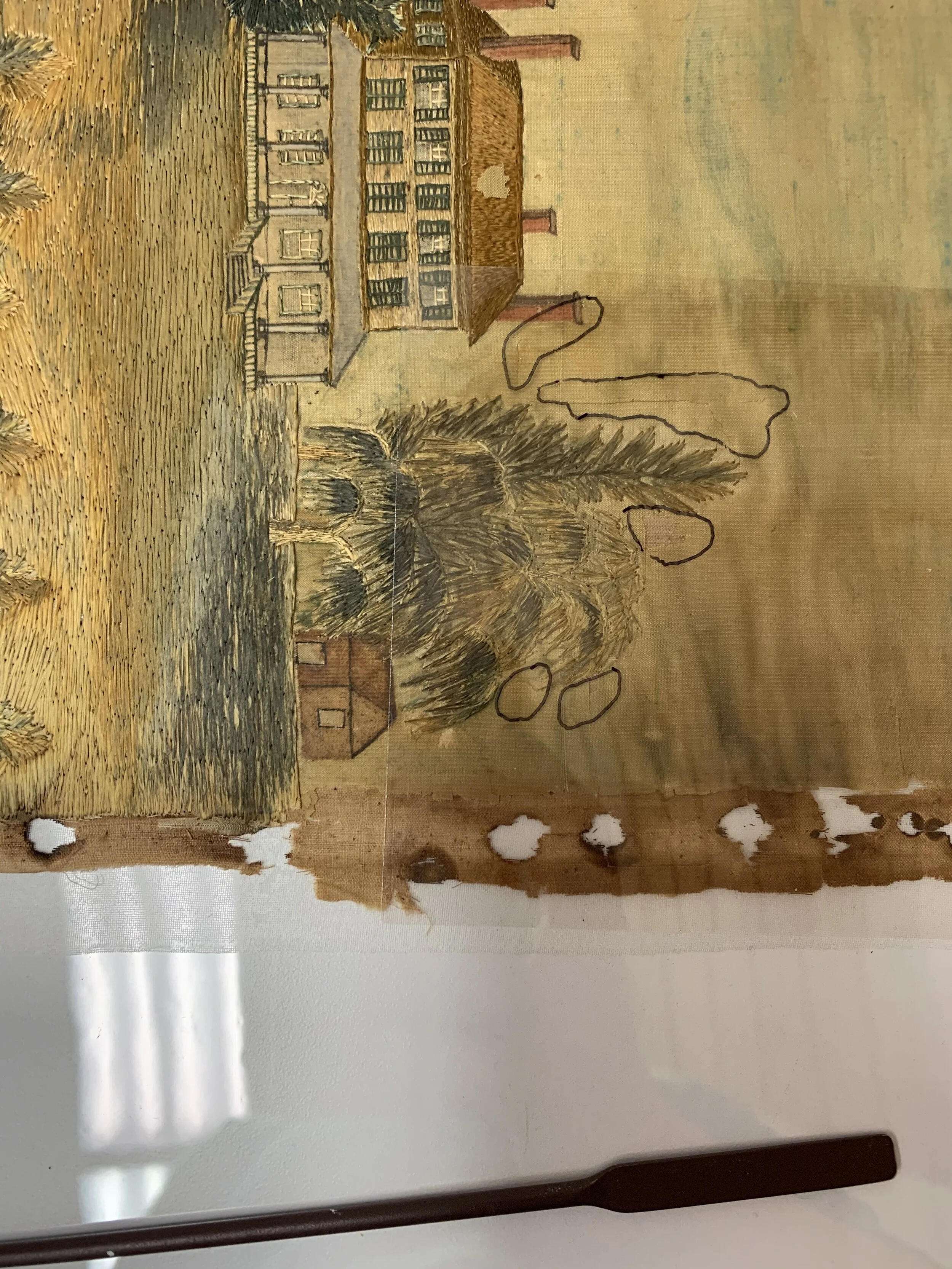 9. 56 Lascaux-coated crepeline underlays were adhered to the silk to stabilize tears and losses. In many areas, the underlays were made from Mylar tracings.
