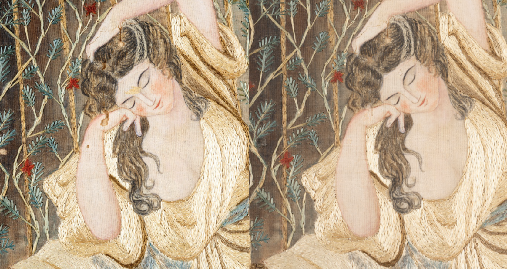 11. Losses in the woman's face and hands were filled using Gampi tissue toned with colored pencil. The tissue was precoated with 1:1 Lascaux 360HV: 498HV and reactivated using an ethanol vapor chamber (BT left, AT right).