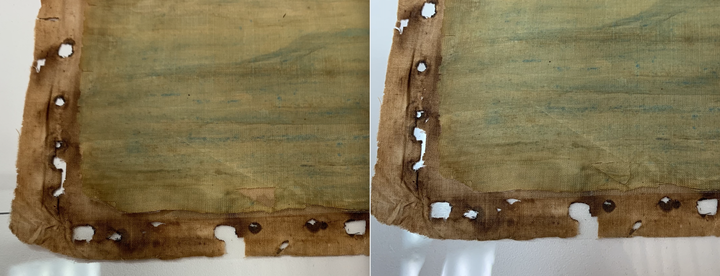 10. Losses in the silk were filled with silk habotai dyed and painted to match the surrounding color and held in place using a Lascaux-coated crepeline underlay (BT left, AT right).