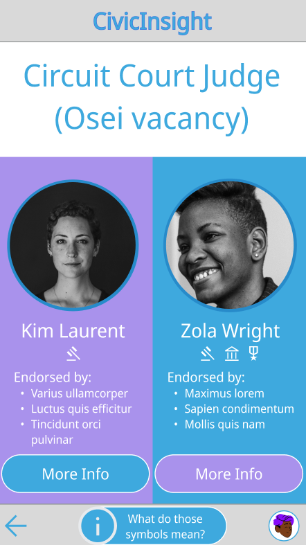 Civic Insight candidate profile screens