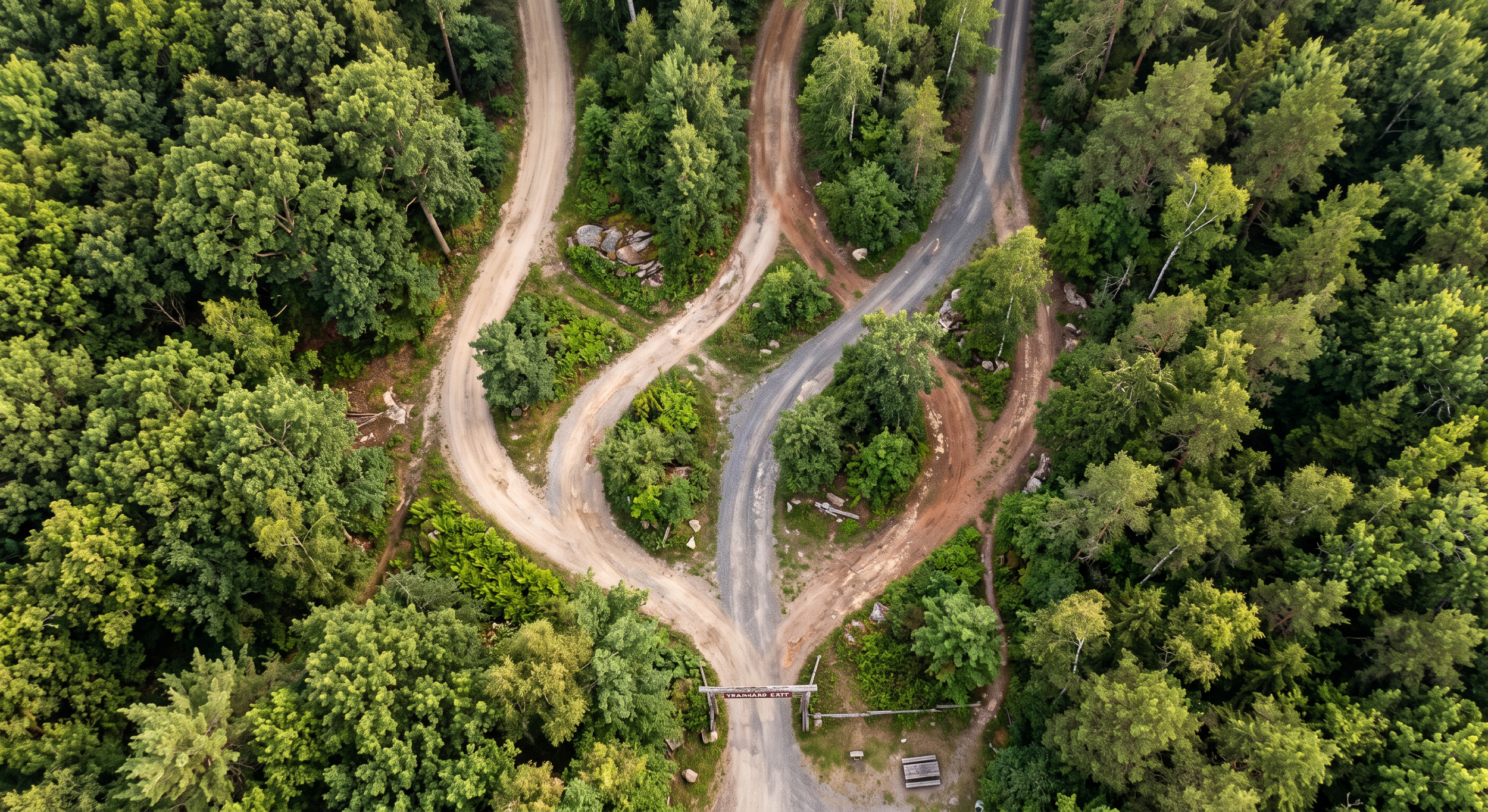 Birdseye view of three paths leading to same point in the forrest