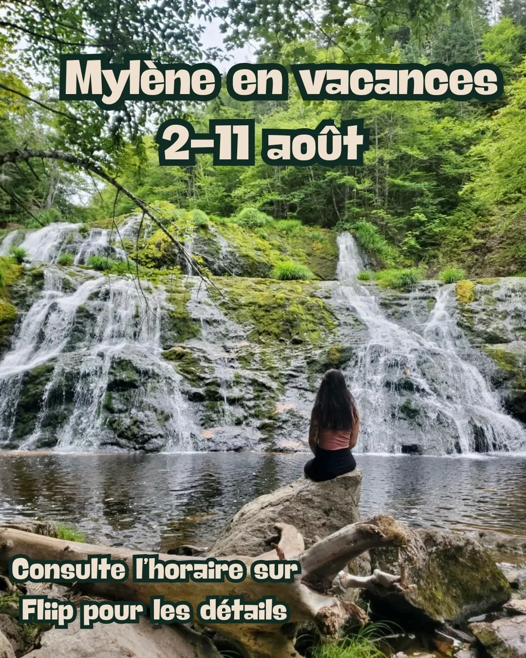 Myl&egrave;ne sera en vacances pour se ressourcer du 2-11 ao&ucirc;t prochain. 😌

Consulte l&rsquo;horaire des cours de cette p&eacute;riode sur Fliip 👇
https://centresanadora.fliipapp.com/