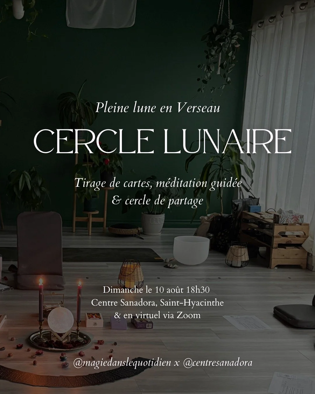 🌕✨ Demain soir, c&rsquo;est notre cercle lunaire sous la pleine lune en Verseau ♒
📍 Au Centre Sanadora &agrave; 18h30 (430 Avenue Sainte-Anne, Saint-Hyacinthe)

Un moment pour te d&eacute;poser.
Un espace pour t&rsquo;&eacute;couter.
Une soir&eacut