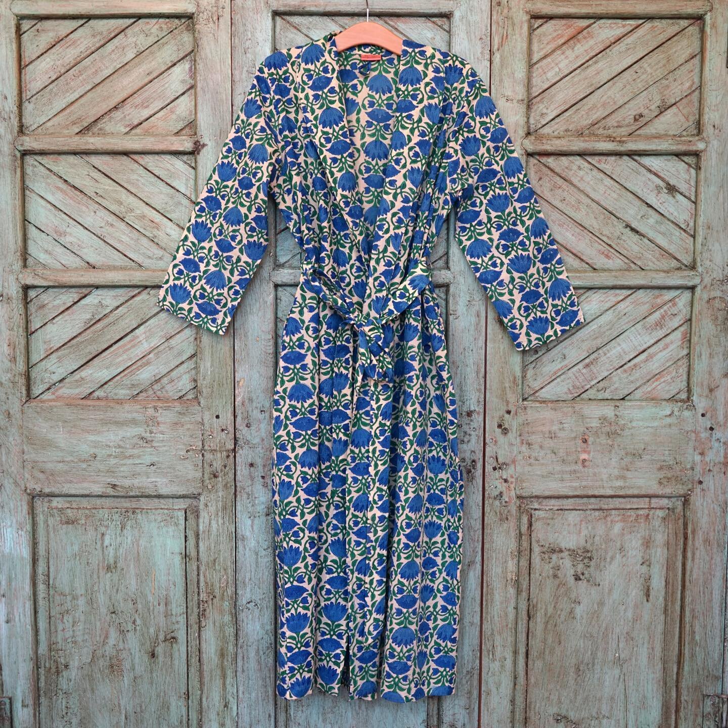 Beautifully light organic cotton voile dressing gowns, a dreamy cover up for spring and summer (or warm houses in colder months!). Just a handful left at the moment ~ Blue Lotus (pictured), Yellow Chameli and Pink Peony. New shipment arriving by sea 