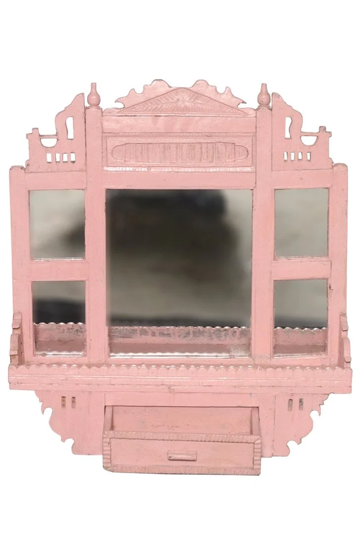 Carved wall mirror, with drawers, pink
