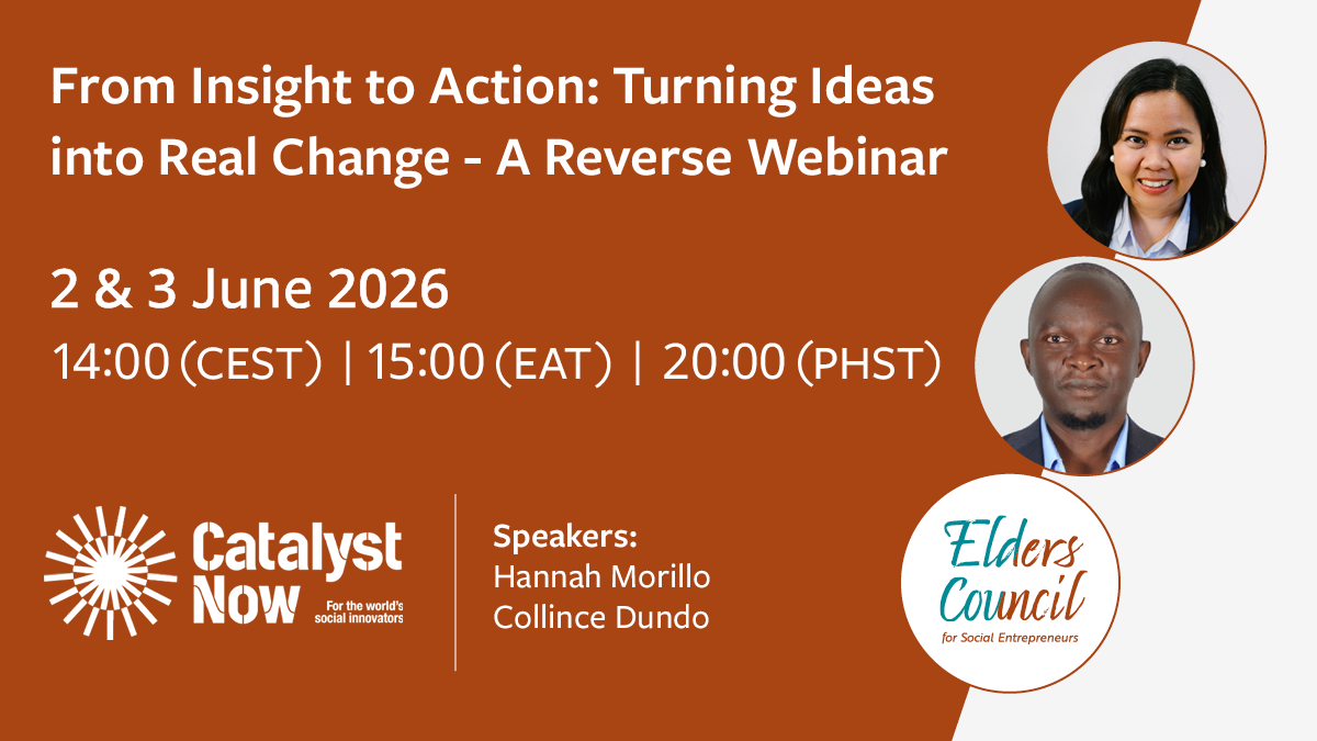 Graphic shows the webinar title, date and times with the speakers names and photos along with the Elders Council for Social Entrepreneurs & Catalyst Now logos.